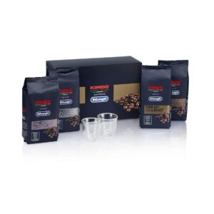 Ochutnávací sada kávy Kimbo for De'Longhi s 4 druhy zrnkové kávy a 2 sklenicemi Espresso